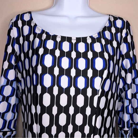 Small AB Studio Blue White Black Dot Print Dress Stretch Event Party Long Sleeve - Picture 10 of 16
